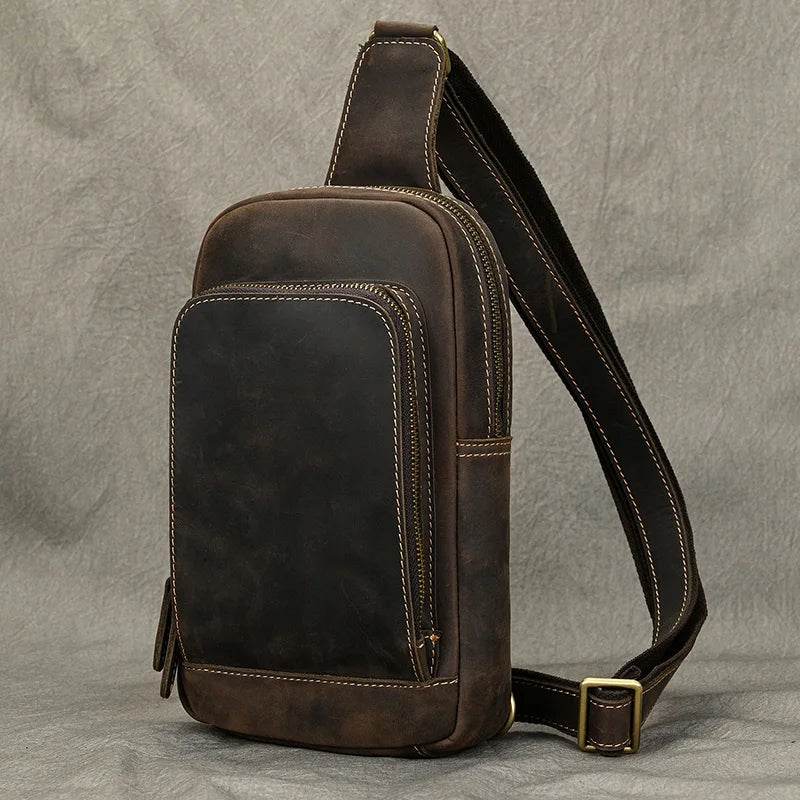 Brown thick leather chest bag for daily use and travel