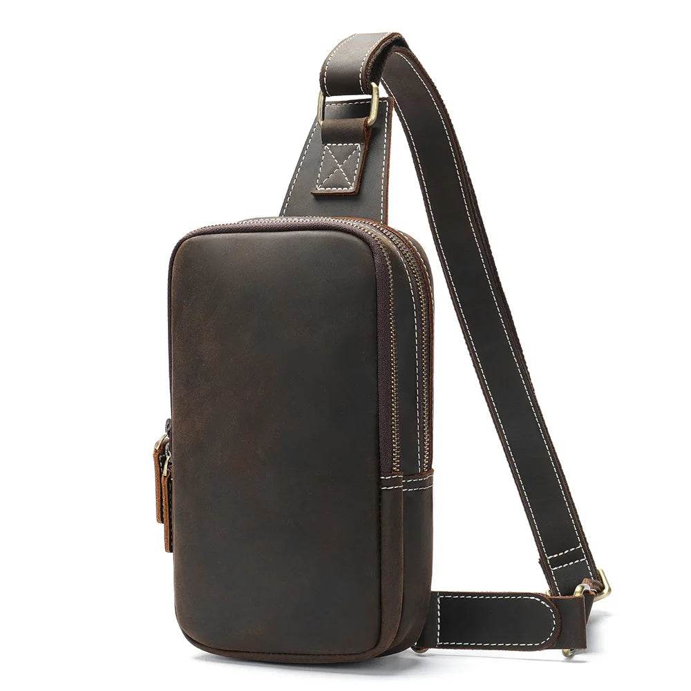 VacationGrabs thick leather chest bag in dark brown for everyday use