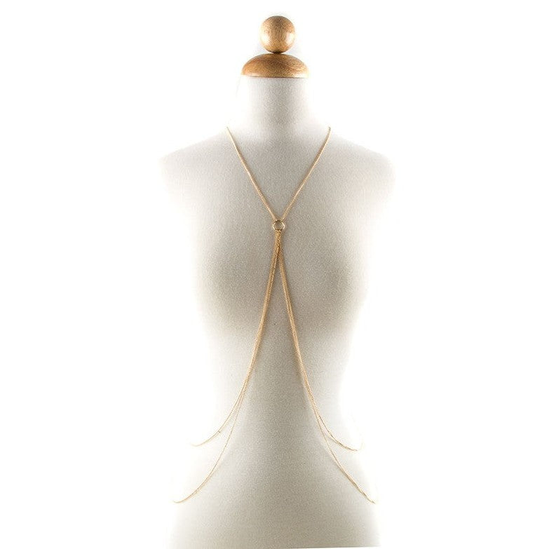 Bella Chic elegant gold double layered body chain displayed on white mannequin