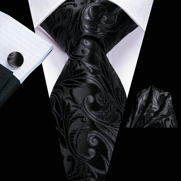 Black three piece Wedding Tie Sets in patterned fabric for formal events