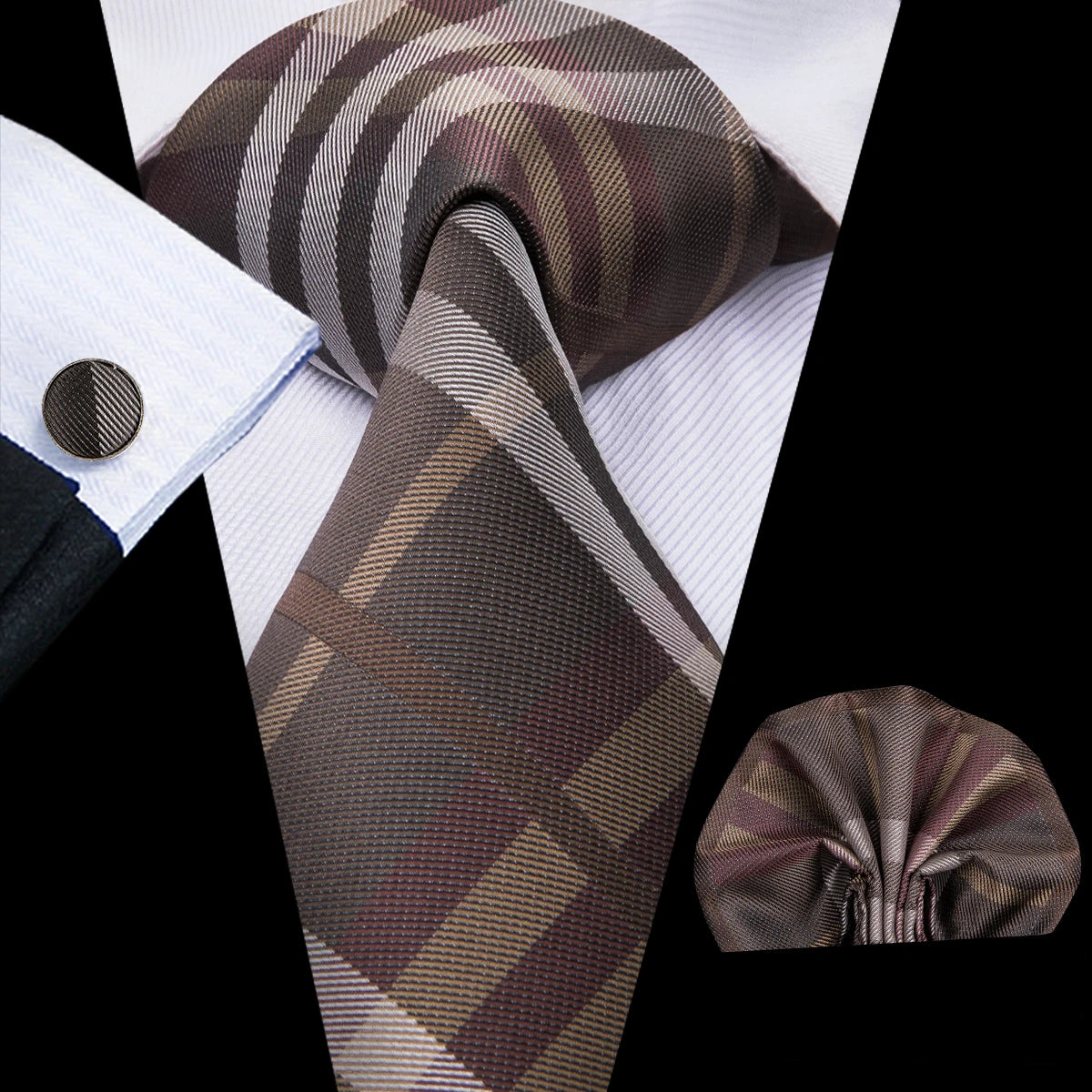 Three piece Wedding Tie Sets in brown with classy pattern for formal occasions