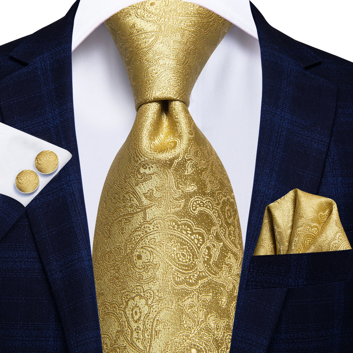 Three piece Wedding Tie Sets in gold with paisley design for formal occasions