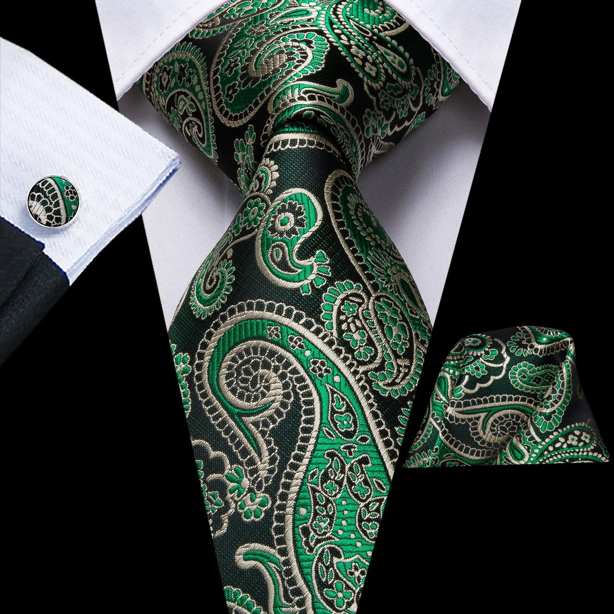 Green paisley Three piece Wedding Tie Sets with matching pocket square