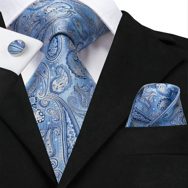 Three piece Wedding Tie Sets in blue paisley pattern for formal occasions