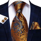 Three piece Wedding Tie Sets in blue and gold paisley pattern for formal occasions