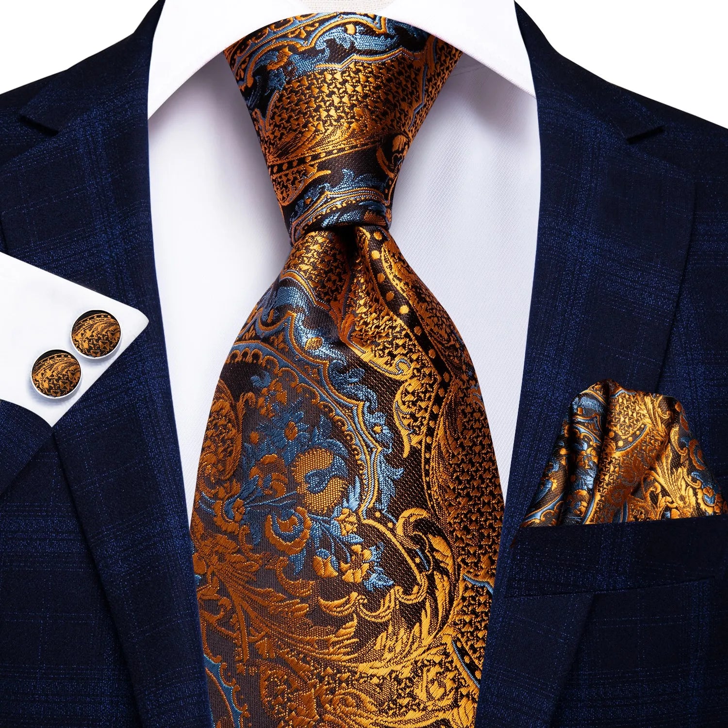 Three piece Wedding Tie Sets in blue and gold paisley pattern for formal occasions