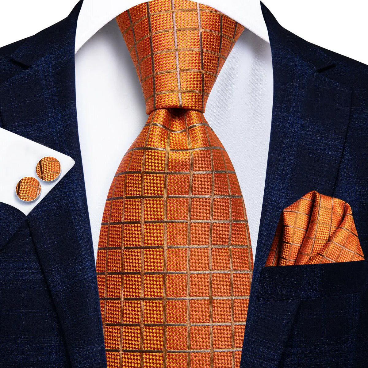 Three piece Wedding Tie Sets in orange, silk, perfect for formal occasions