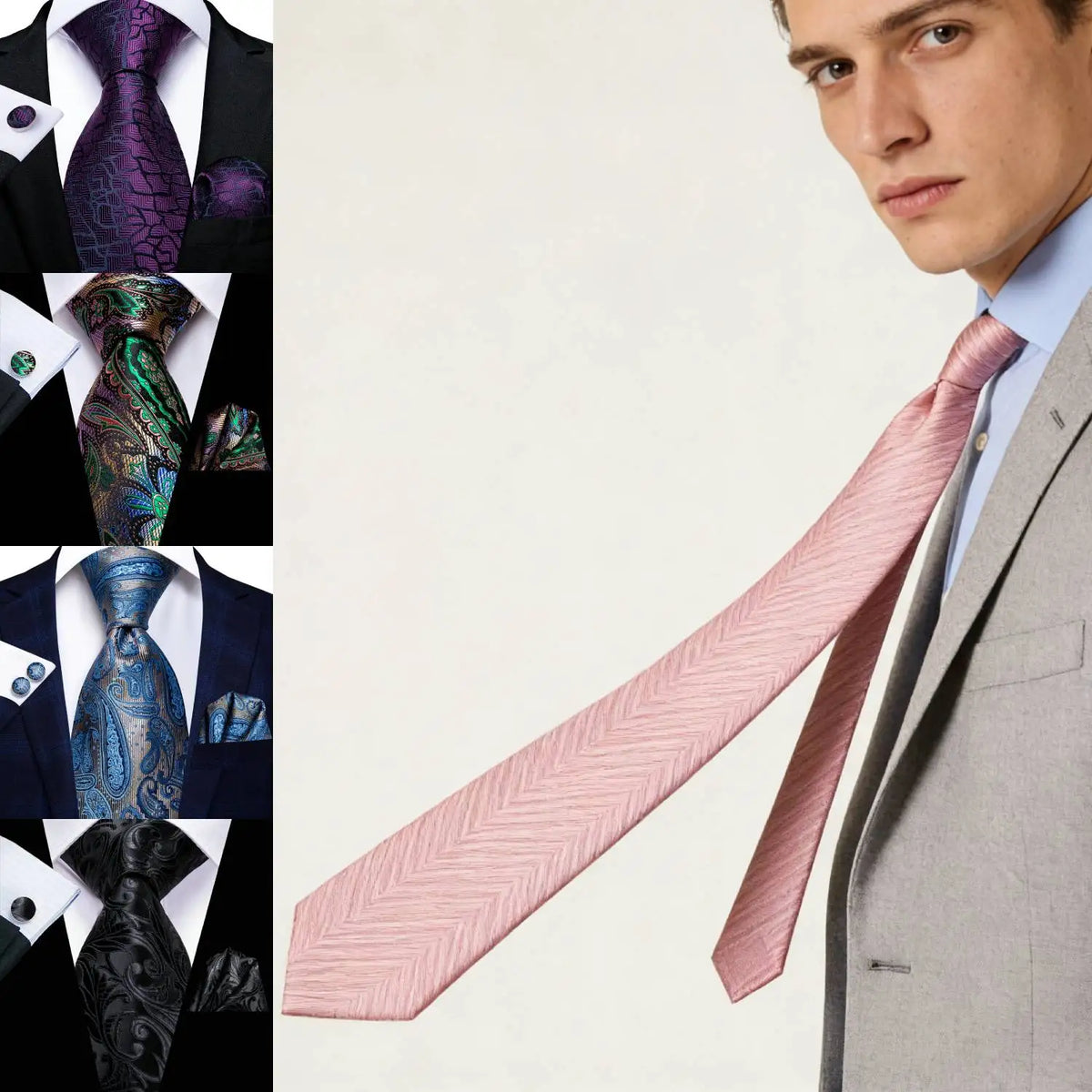 Three piece Wedding Tie Sets in various colors for stylish grooms and groomsmen