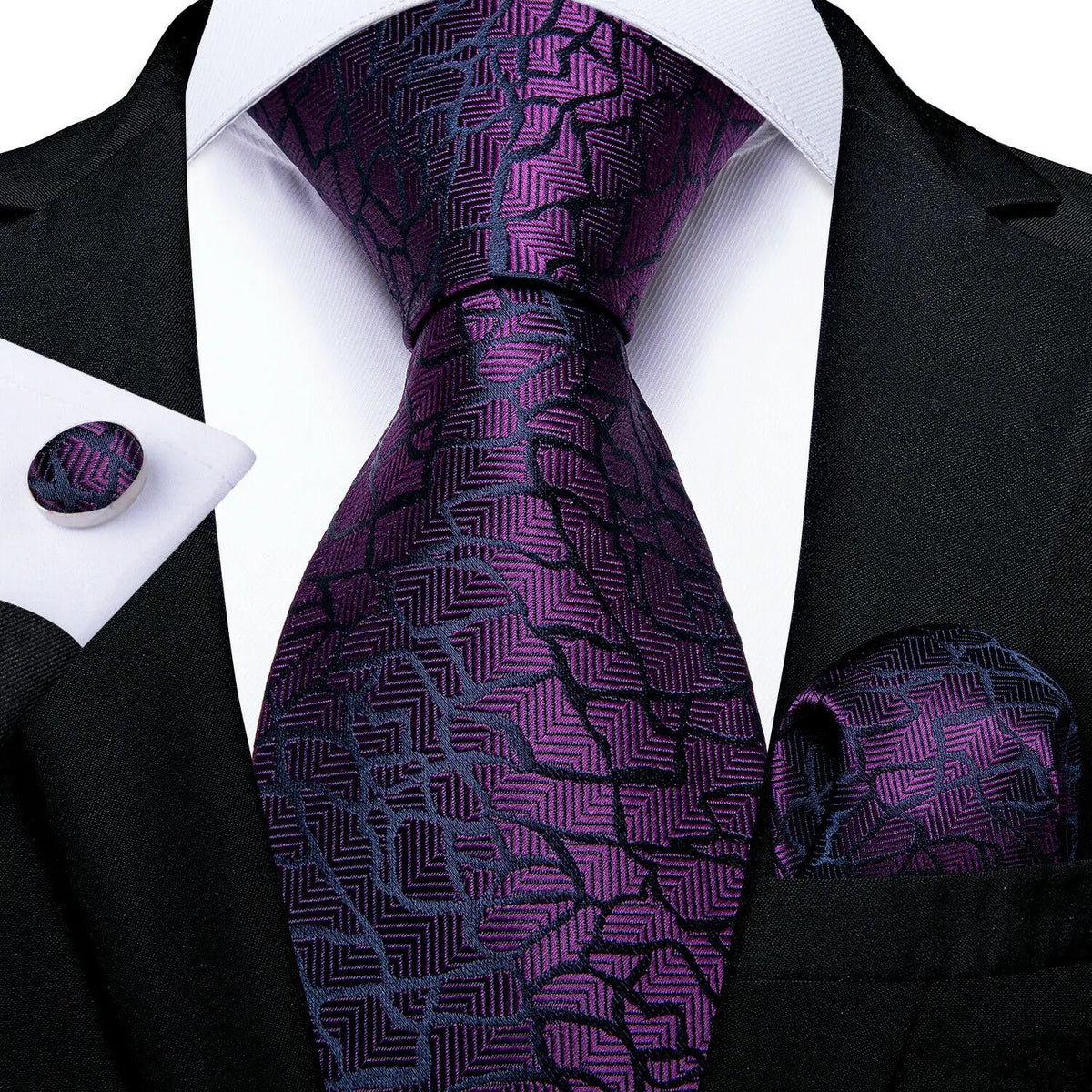 Three piece Wedding Tie Sets in purple silk with geometric patterns
