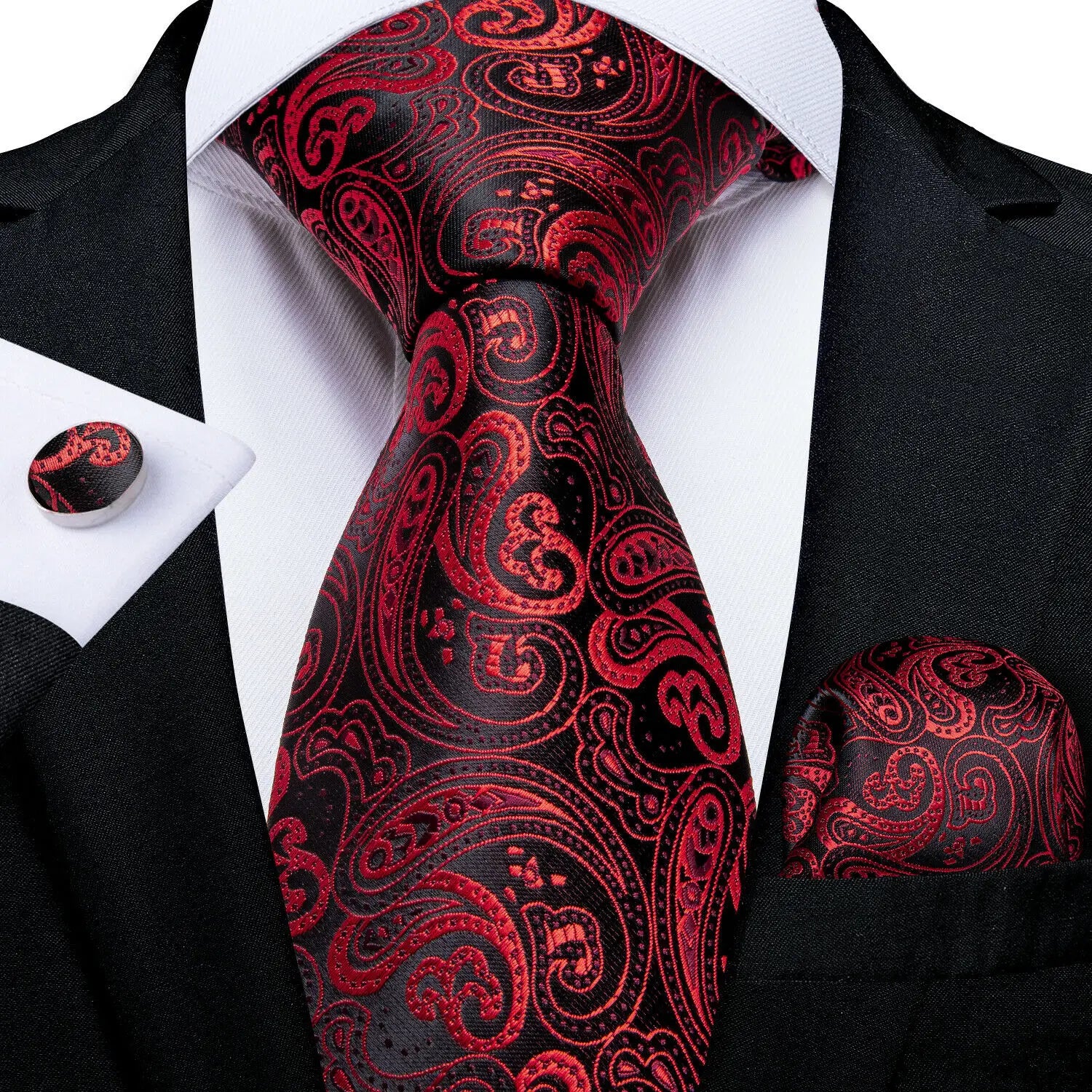 Three piece Wedding Tie Sets in red paisley pattern, perfect for formal occasions