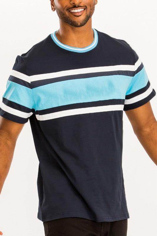 WEIV Men's Three Stripe Shirt in Navy Blue with Light Blue and White Stripes