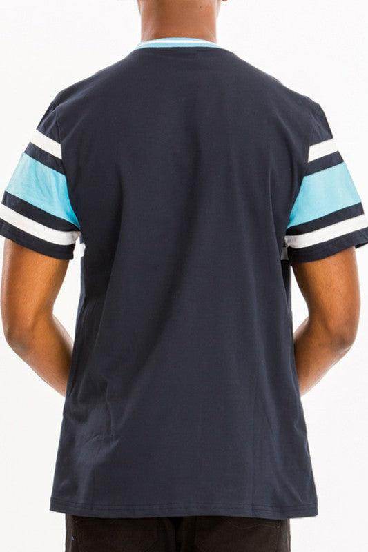 WEIV Men's Three Stripe Shirt with Stylish Striped Sleeves in Navy Blue
