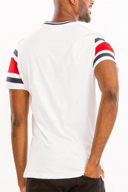 Men's WEIV three stripe shirt in white with red and blue striped sleeves