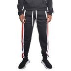 WEIV black three stripe sweatpants for men with white and red side stripes and drawstring waist