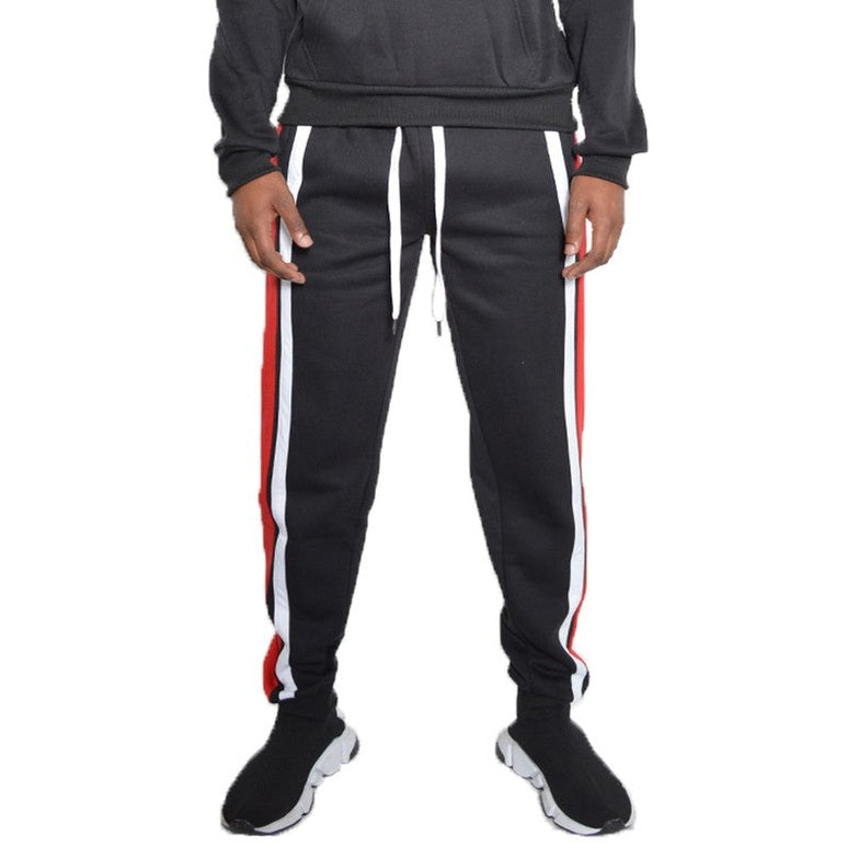 WEIV black three stripe sweatpants for men with white and red side stripes and drawstring waist