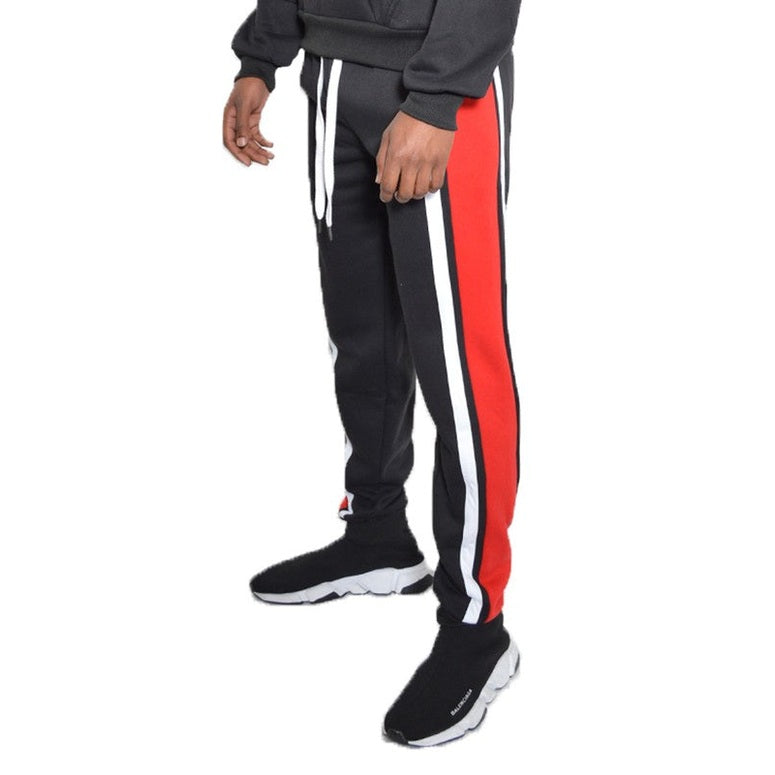 WEIV black three stripe sweatpants for men with red and white side stripes and white drawstring