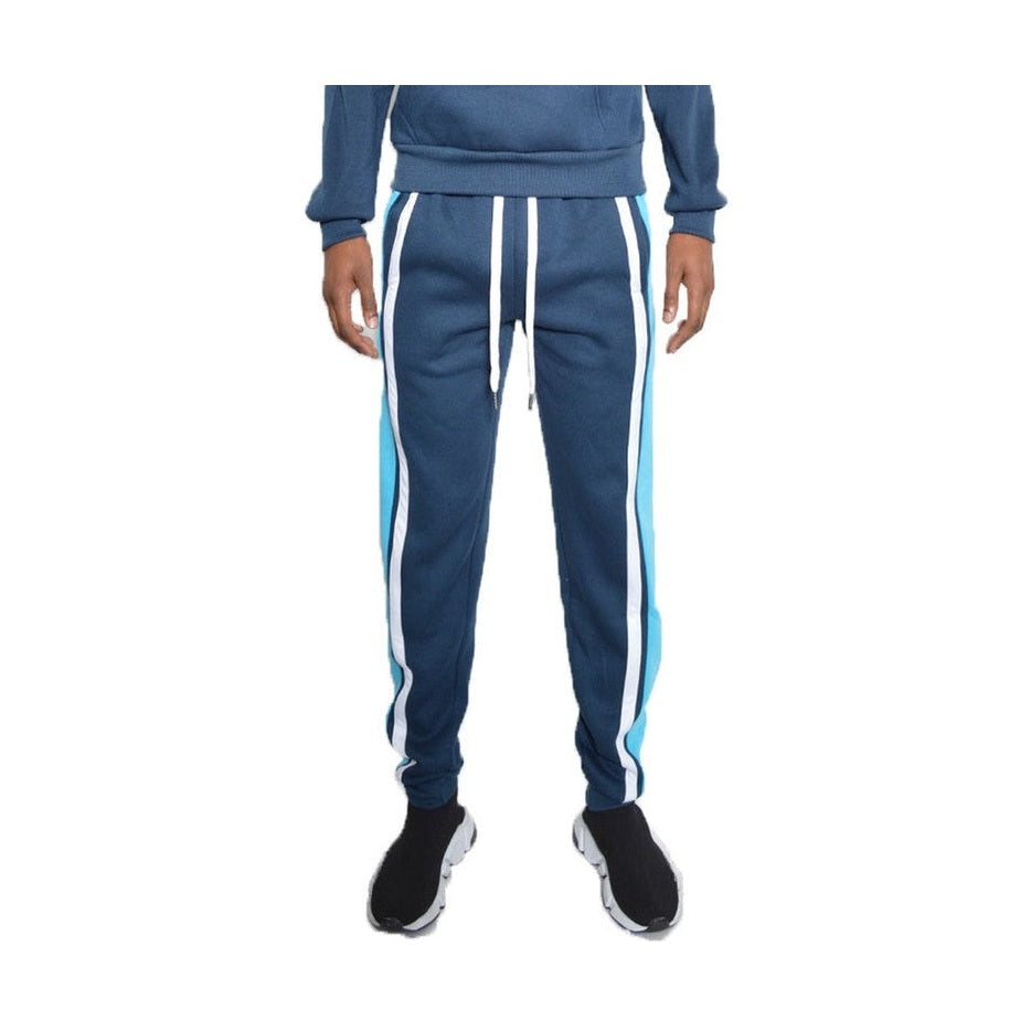 WEIV three stripe sweatpants for men in navy blue with white and light blue side stripes