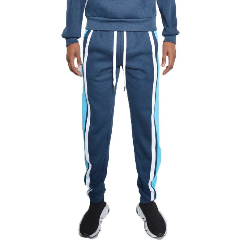WEIV three stripe sweatpants for men in navy blue with white and light blue side stripes