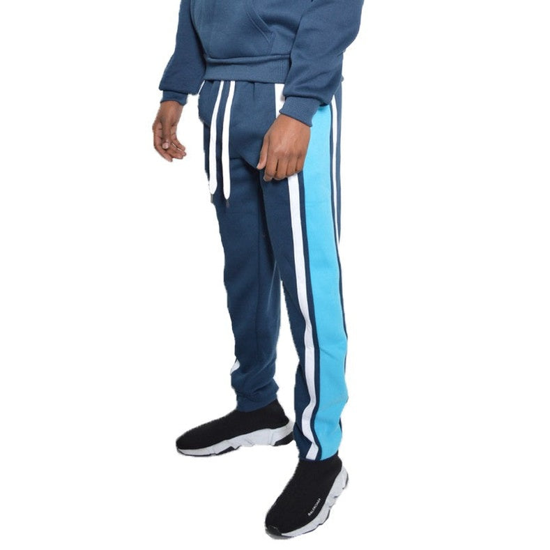 WEIV three stripe sweatpants for men in navy blue with light blue and white side stripes and white drawstrings