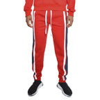 Red WEIV three stripe sweatpants for men with white and navy side stripes and adjustable drawstring waist