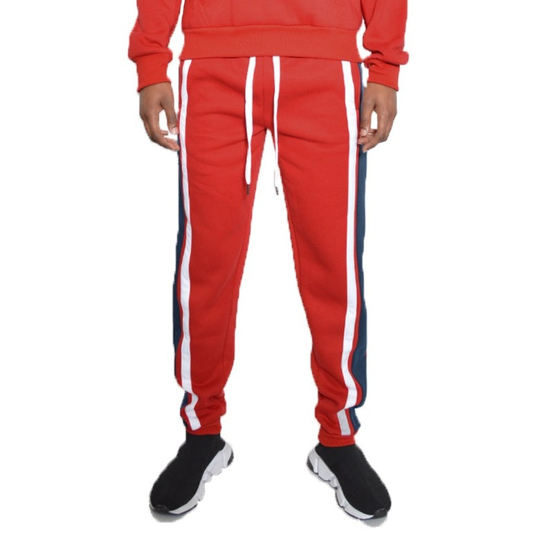 Red WEIV three stripe sweatpants for men with white and navy side stripes and adjustable drawstring waist