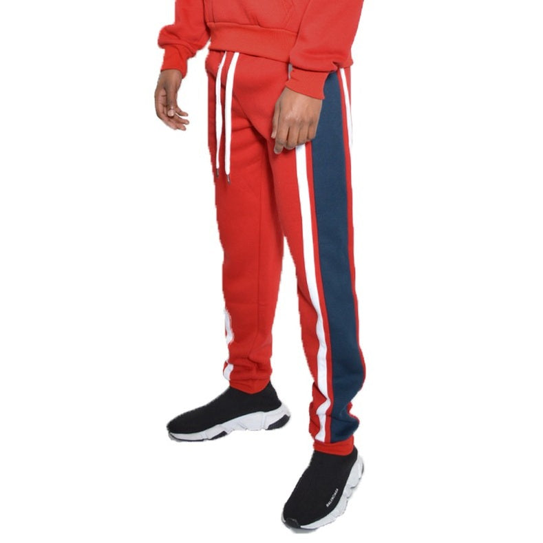 Red three stripe sweatpants for men with white and navy stripes and drawstring waist by WEIV