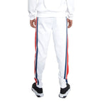 WEIV white three stripe sweatpants for men with red and navy side stripes