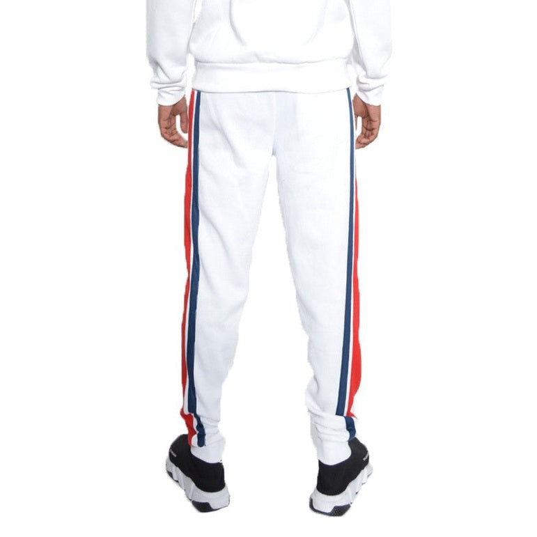 WEIV white three stripe sweatpants for men with red and navy side stripes