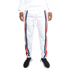 WEIV white three stripe sweatpants for men with red and navy blue side stripes