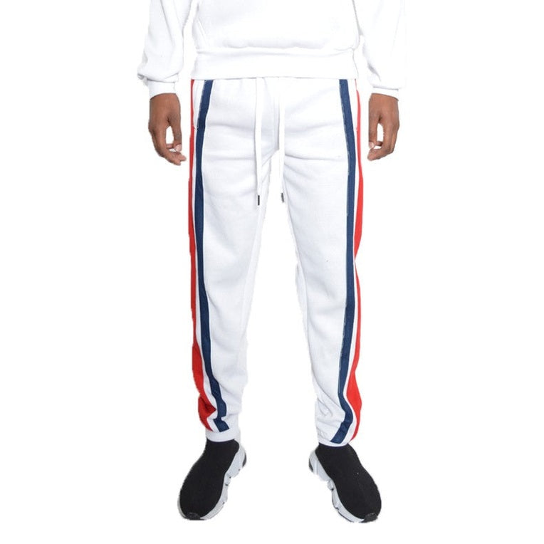 WEIV white three stripe sweatpants for men with red and navy blue side stripes