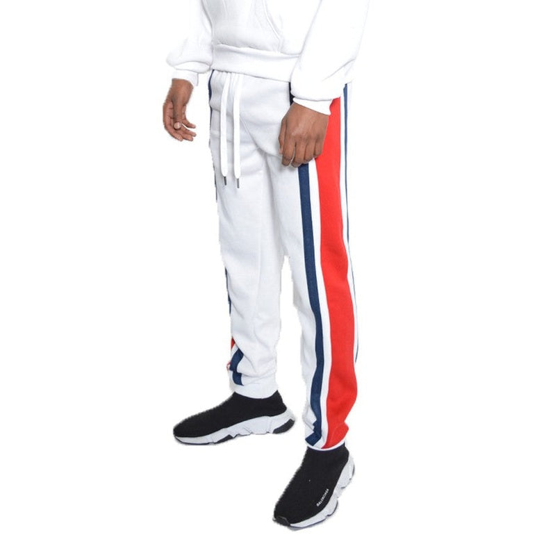 WEIV white three stripe sweatpants for men with red and navy side stripes and drawstring waist