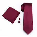 Sleek patterned tie burgundy with matching pocket square and cufflinks