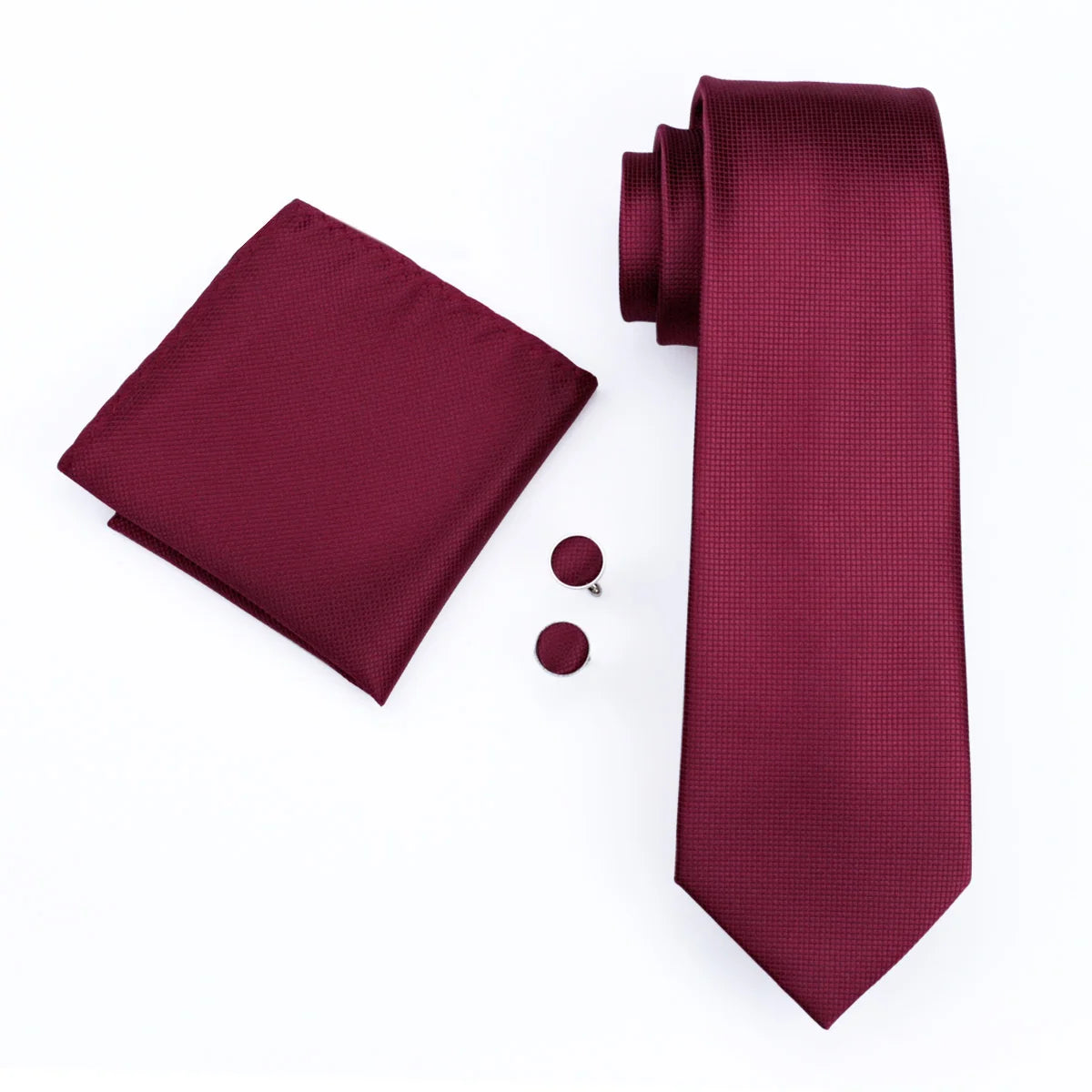 Sleek patterned tie burgundy with matching pocket square and cufflinks
