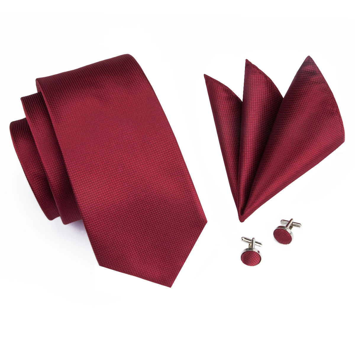 Burgundy tie with matching pocket square and cufflinks for formal occasions