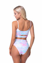 Beach Joy Bikini tie dye high waist bikini set with pastel colors and adjustable straps on model
