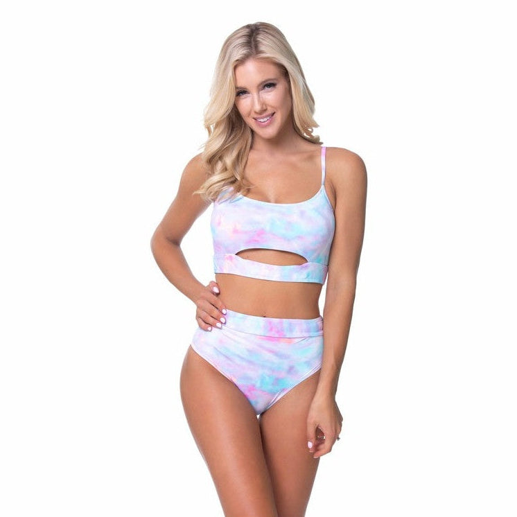 Beach Joy tie dye high waist bikini set for women in pastel colors with cutout detail
