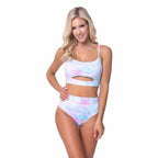 Beach Joy tie dye high waist bikini set for women in pastel colors with cutout detail