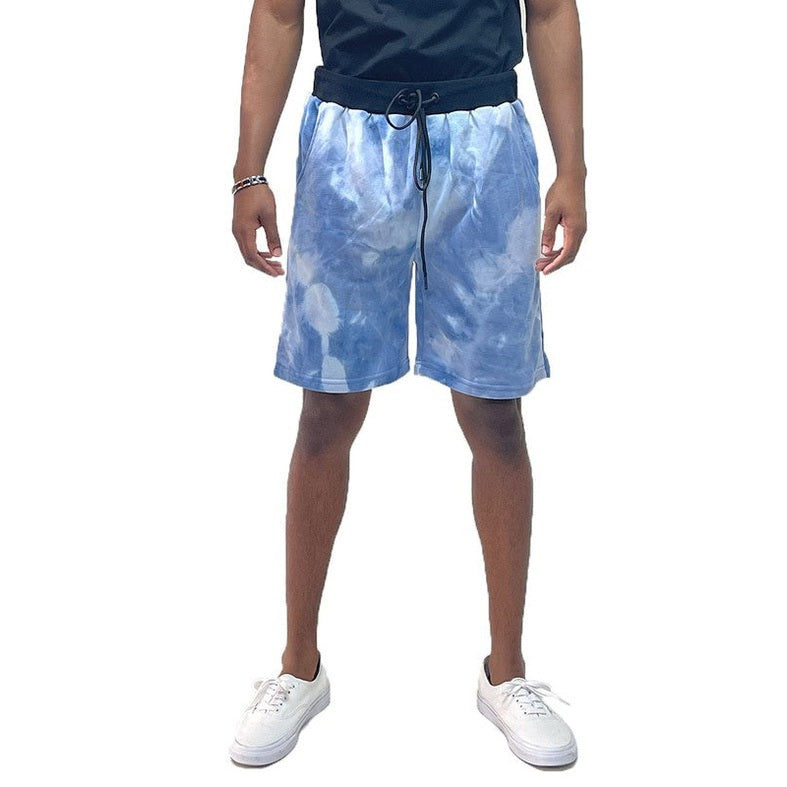 WEIV tie dye lounge shorts for men in blue and white with black drawstring waistband