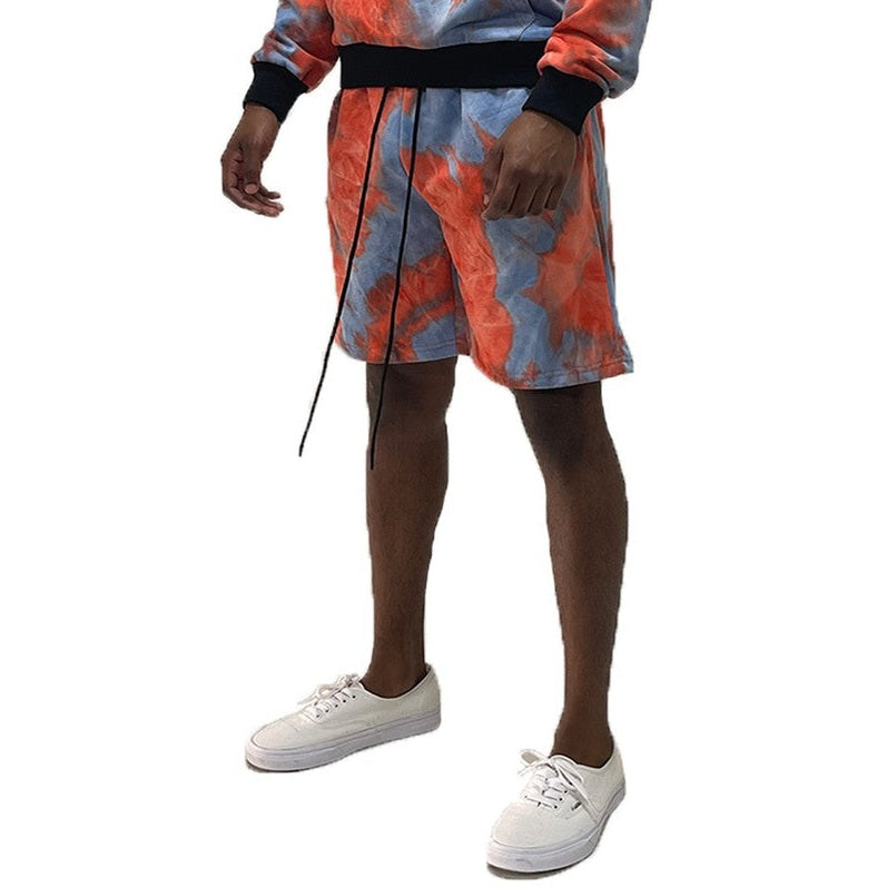 WEIV tie dye lounge shorts for men in orange and blue with black waistband and drawstring