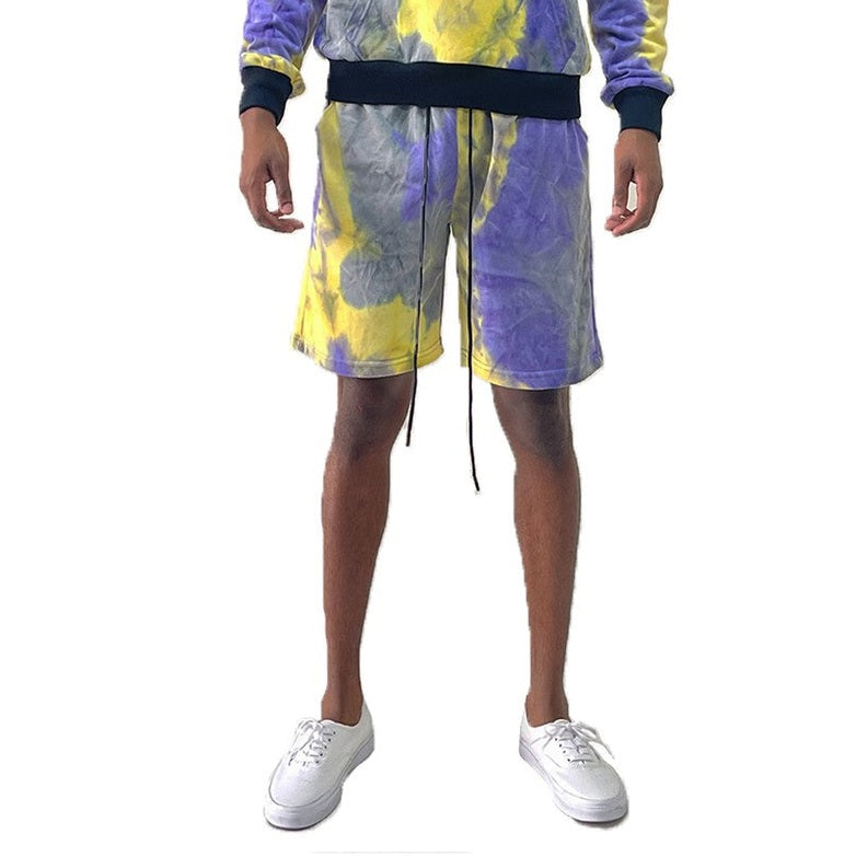 WEIV tie dye lounge shorts for men in yellow and purple with relaxed fit and drawstring waist