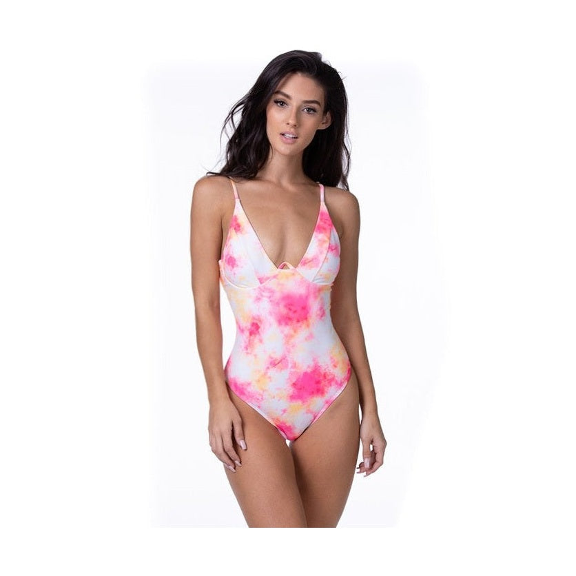Beach Joy Bikini tie dye one piece swimsuit in pink and orange hues with adjustable straps