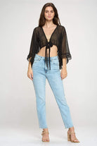 Women's Shirts - Cropped Tops Tie Front Crop Shrug Wide Ruffle Sleeves Dot Top
