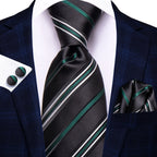 Men's striped tie silk in green and black, formal wear accessory