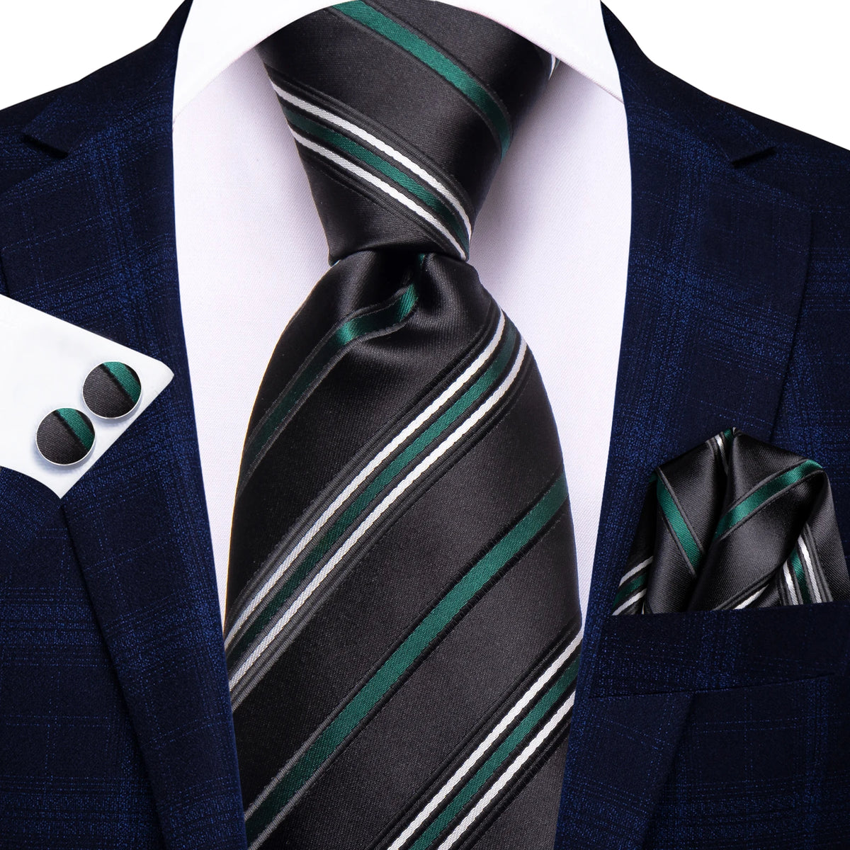 Men's striped tie silk in green and black, formal wear accessory