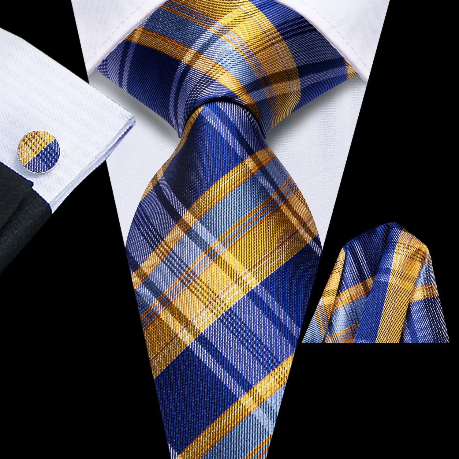 Blue and gold plaid tie silk for formal occasions