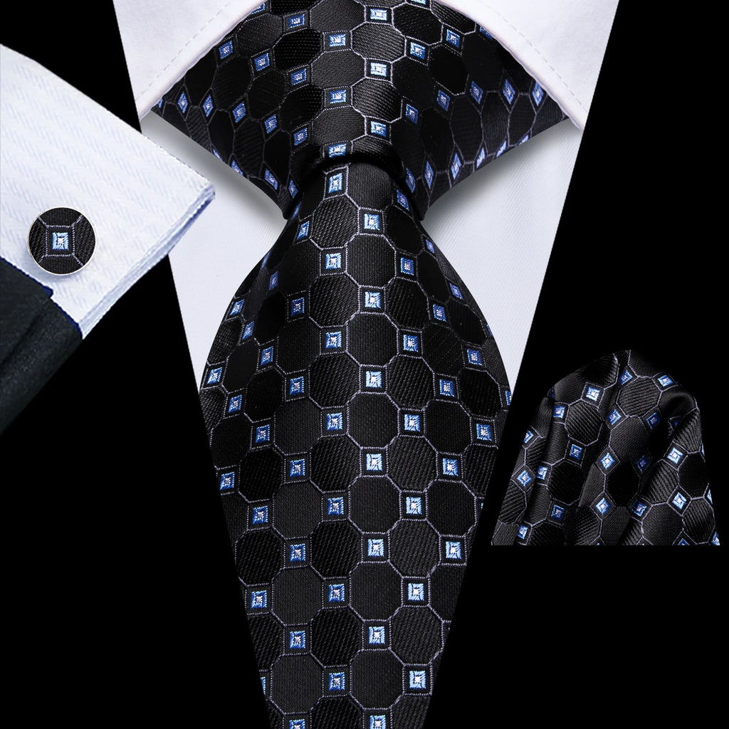 Men's black tie silk with blue geometric pattern for formal occasions