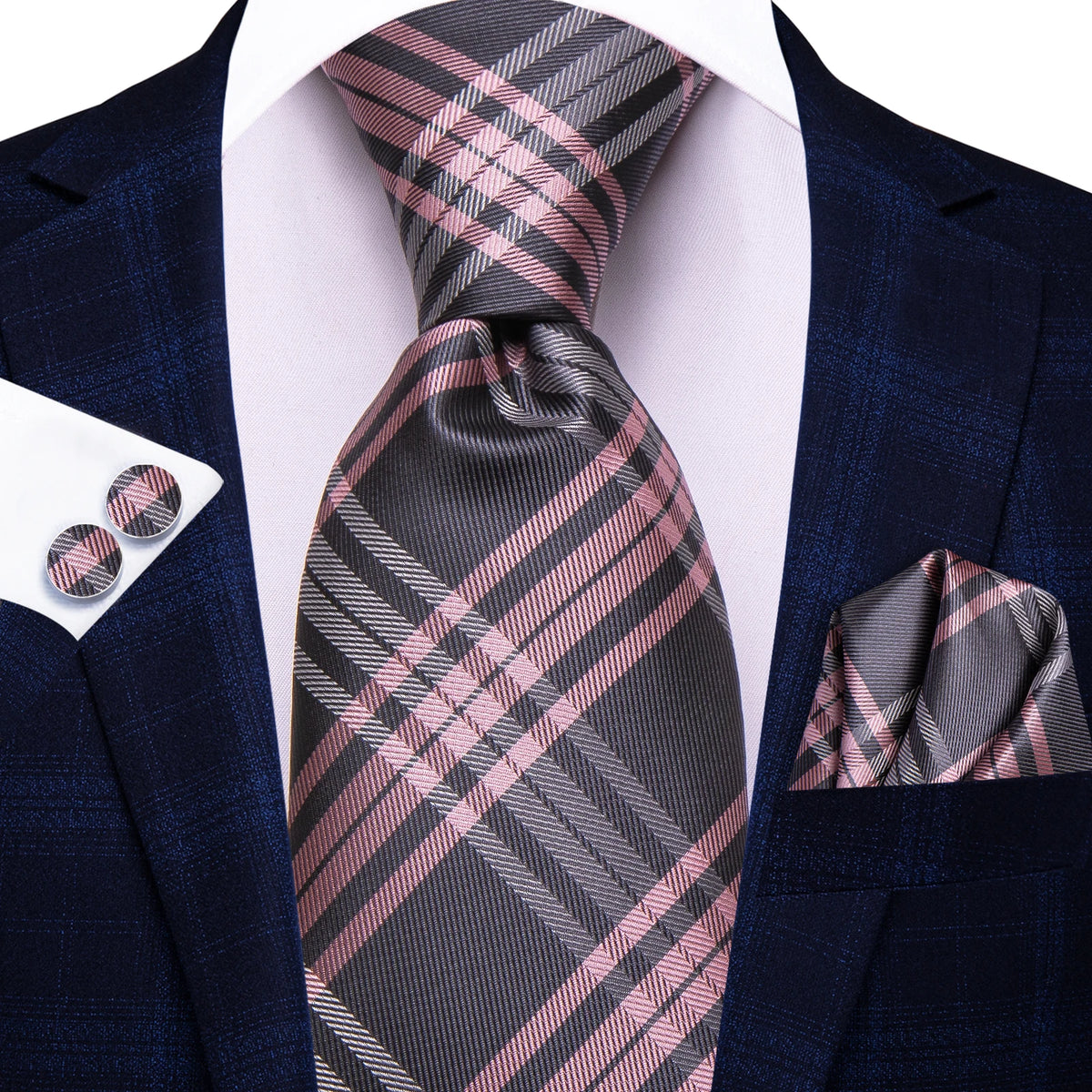Men's plaid tie silk in gray and pink for formal occasions