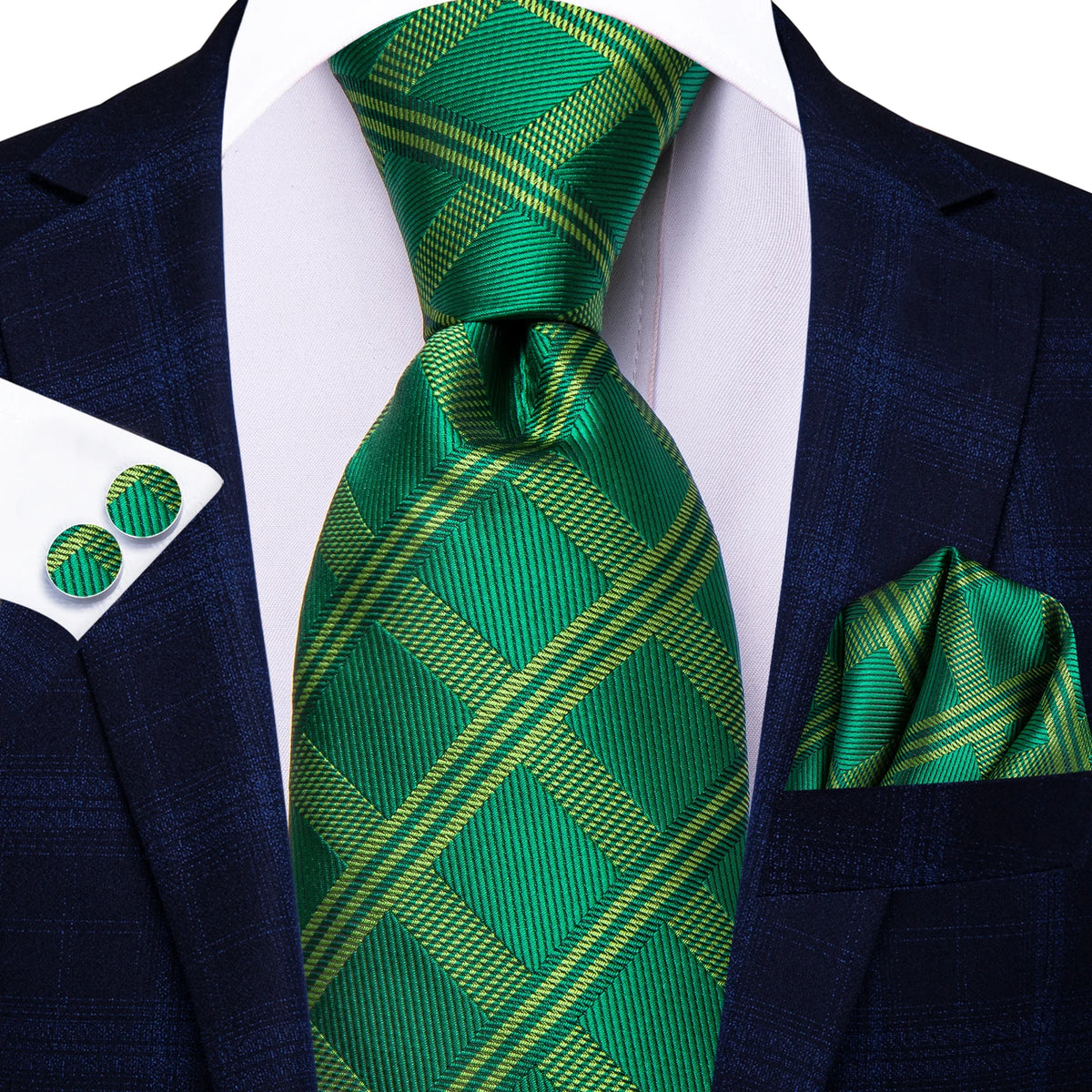 Green tie silk with plaid pattern for formal occasions