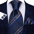 Men's navy plaid tie silk with matching pocket square and shirt cuff