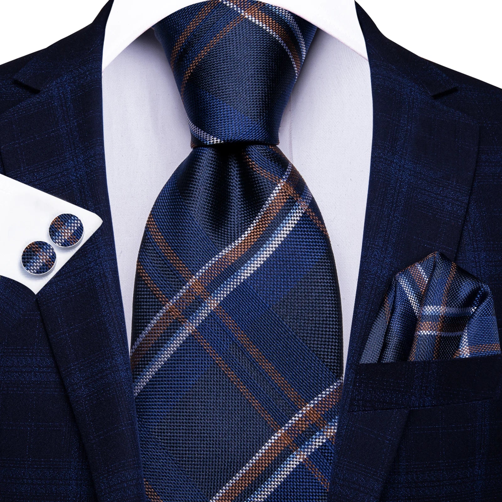 Men's navy plaid tie silk with matching pocket square and shirt cuff